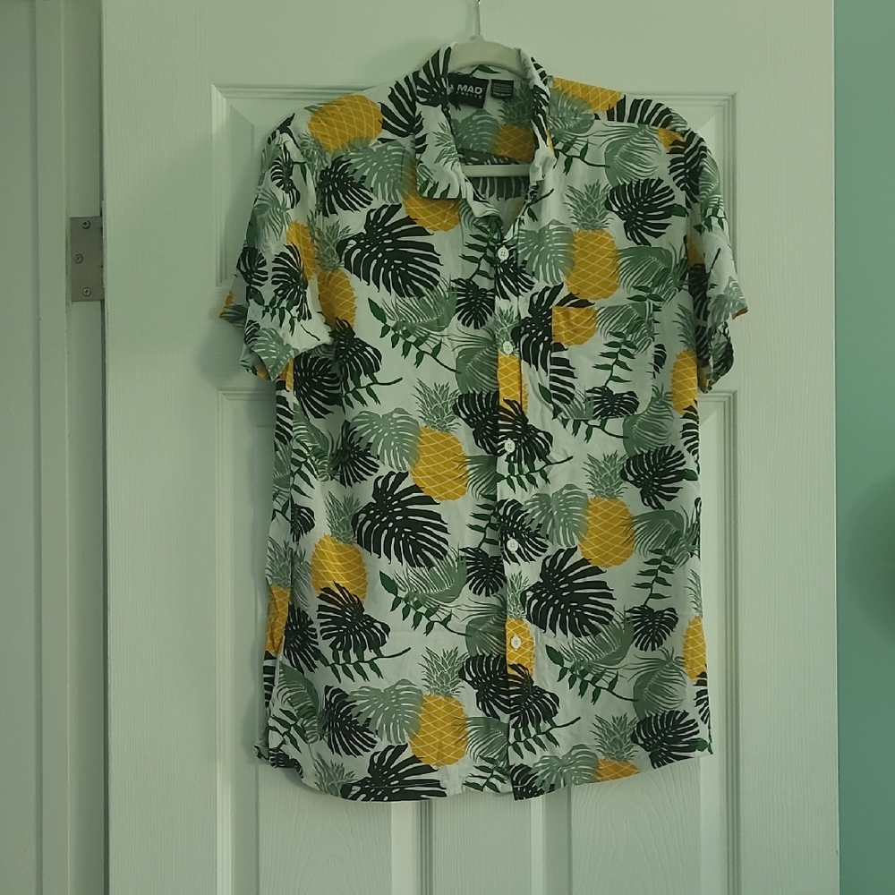 Mad Engine Men's Leaf Print Shirt - Yellow, White And Various Greens